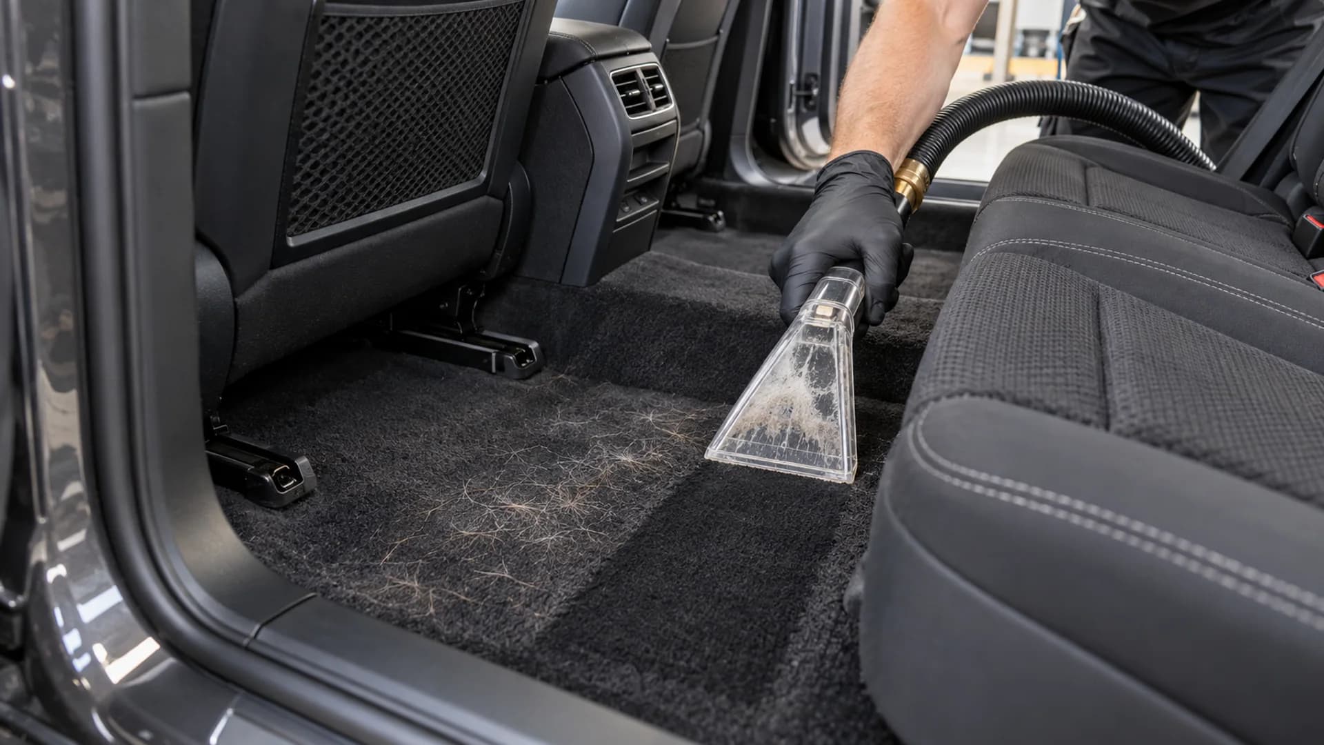 Professional extraction and pet-hair removal on a premium SUV carpet