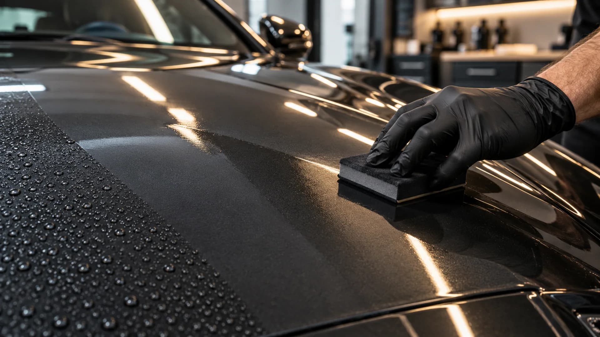 Ceramic coating applied to graphite paint under professional inspection lights