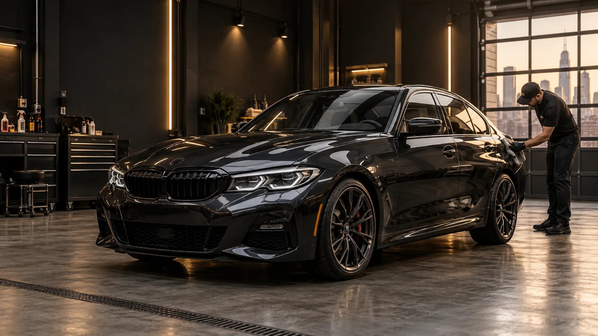 Graphite luxury sedan receiving a meticulous finishing pass in a professional Chicago studio