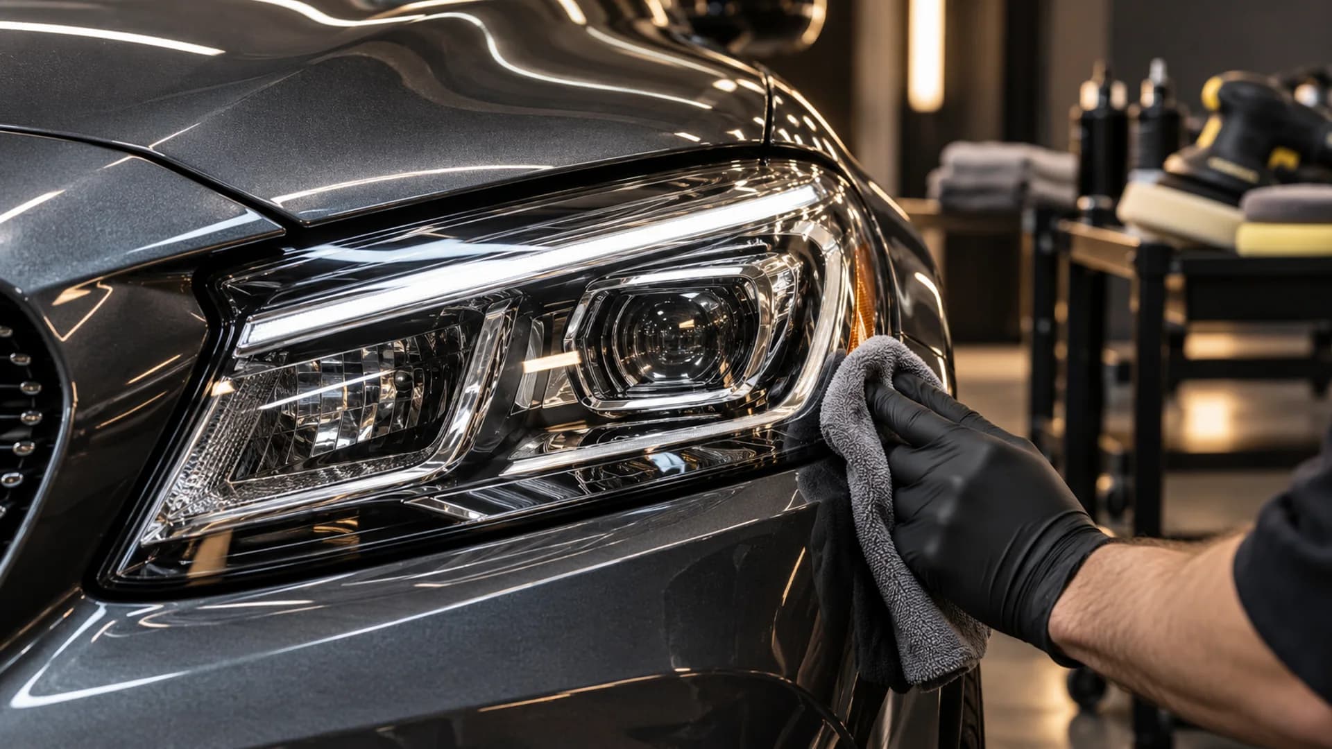 Restored modern headlight lens receiving a final protective wipe