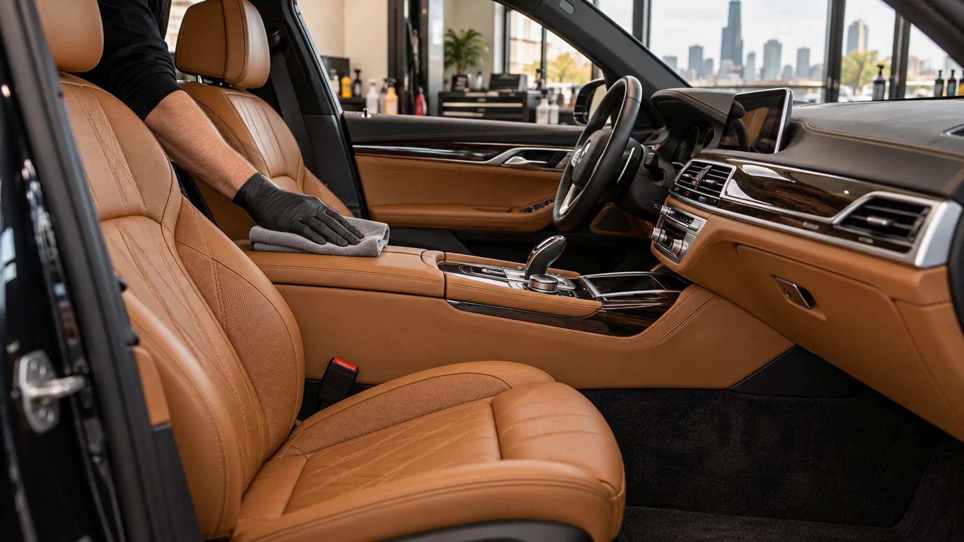 Immaculate saddle leather cabin after professional interior detailing