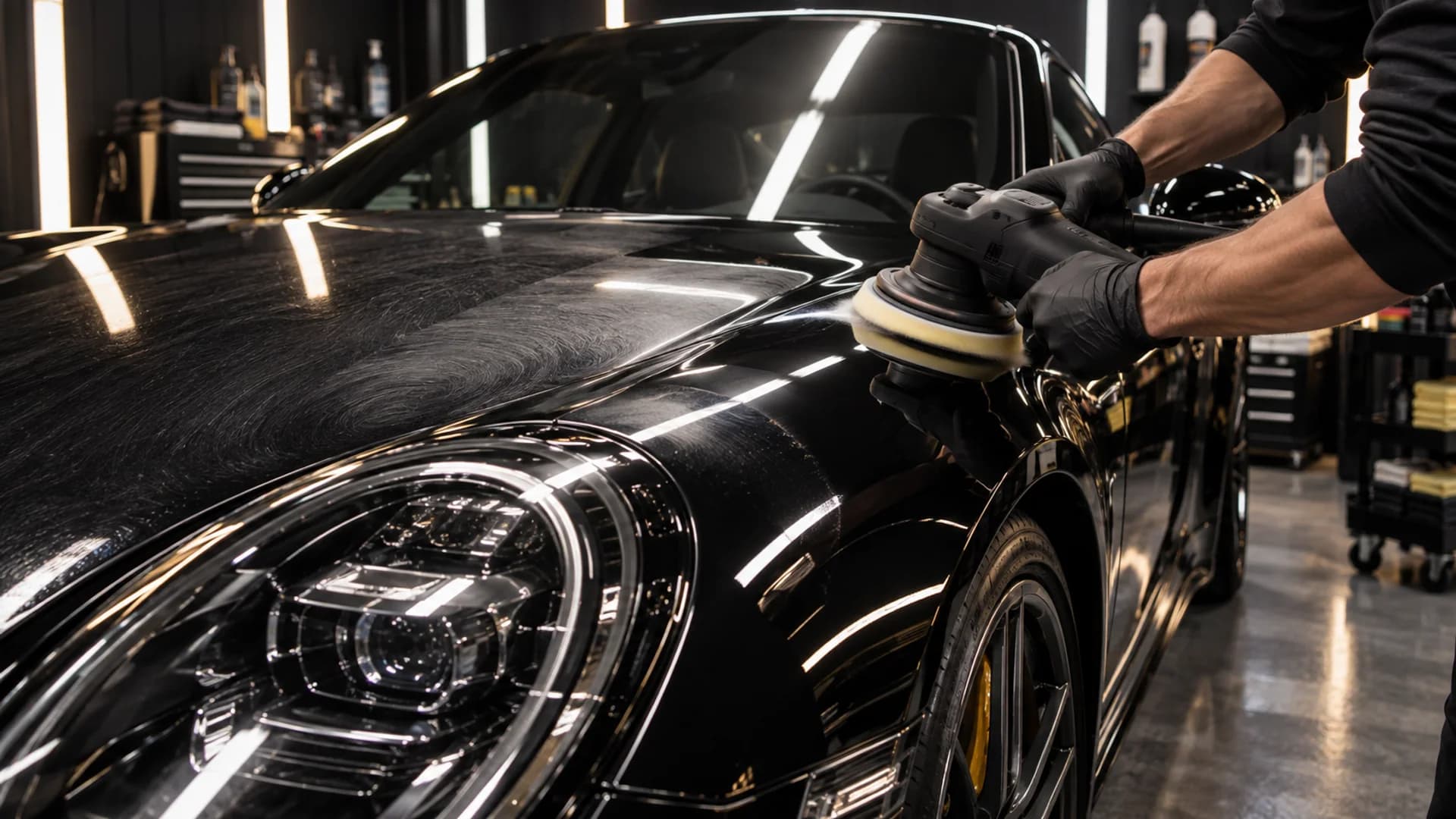 Professional paint correction under precise vertical inspection lights